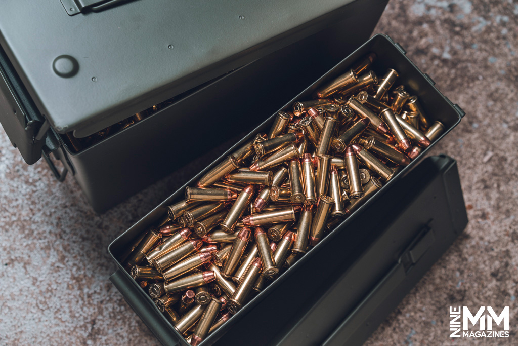 a photo of 38 special ammo in a metal ammo can