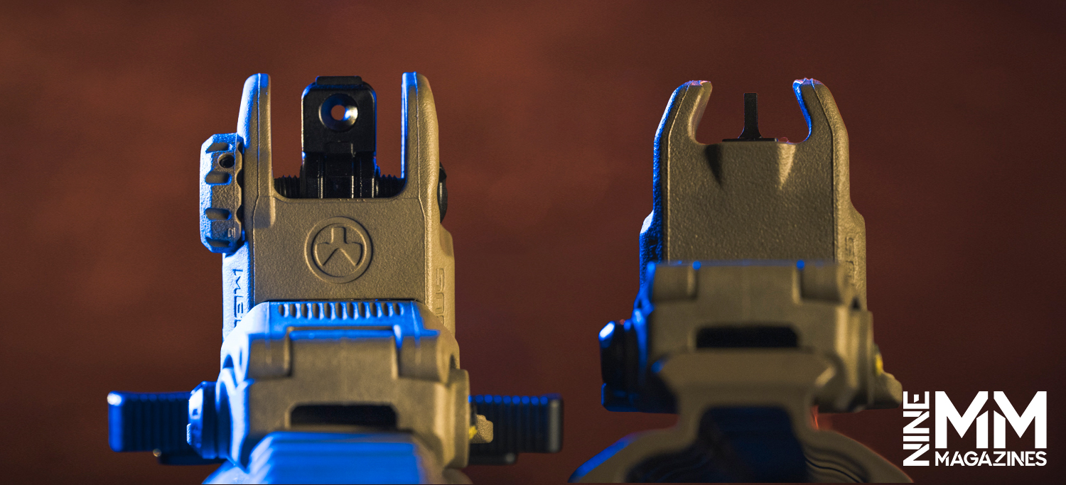 comparing front and rear Magpul MBUS Sights a photo comparing front and rear Magpul MBUS Sights