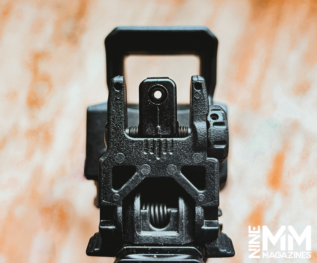 rear Magpul MBUS sights a pov photo of rear Magpul MBUS sights